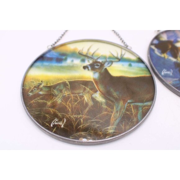 Al Agnew Wildlife Suncatchers Deer Eagle Wolf Round Metal Framed Home Decor Vtg - Picture 4 of 7